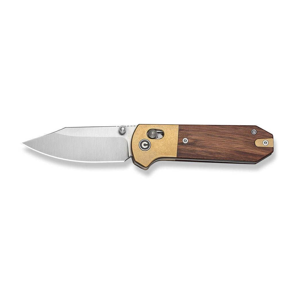 CIVIVI Yonder Clip Point Thumb Stud & Crossbar Lock Knife Guibourtia Wood Handle And Stonewashed Brass Bolsters (2.88" Satin Finished 14C28N Blade) C25026-1