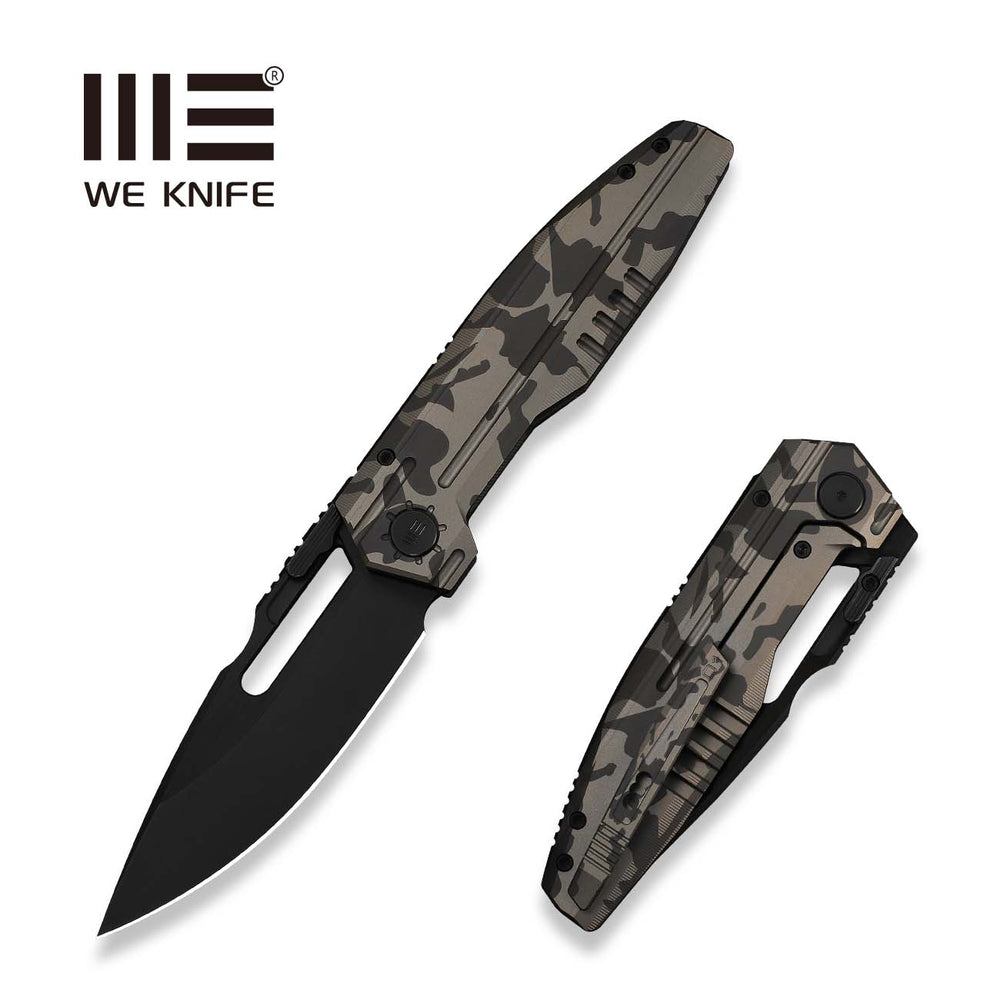 WEKNIFE Reveille Thumb Hole & Thumb Stud Knife Desert Terrain Titanium Handle (3.83" Black Stonewashed Bevels, Black Brushed Flats Bohler M390 Blade) WE23057-3