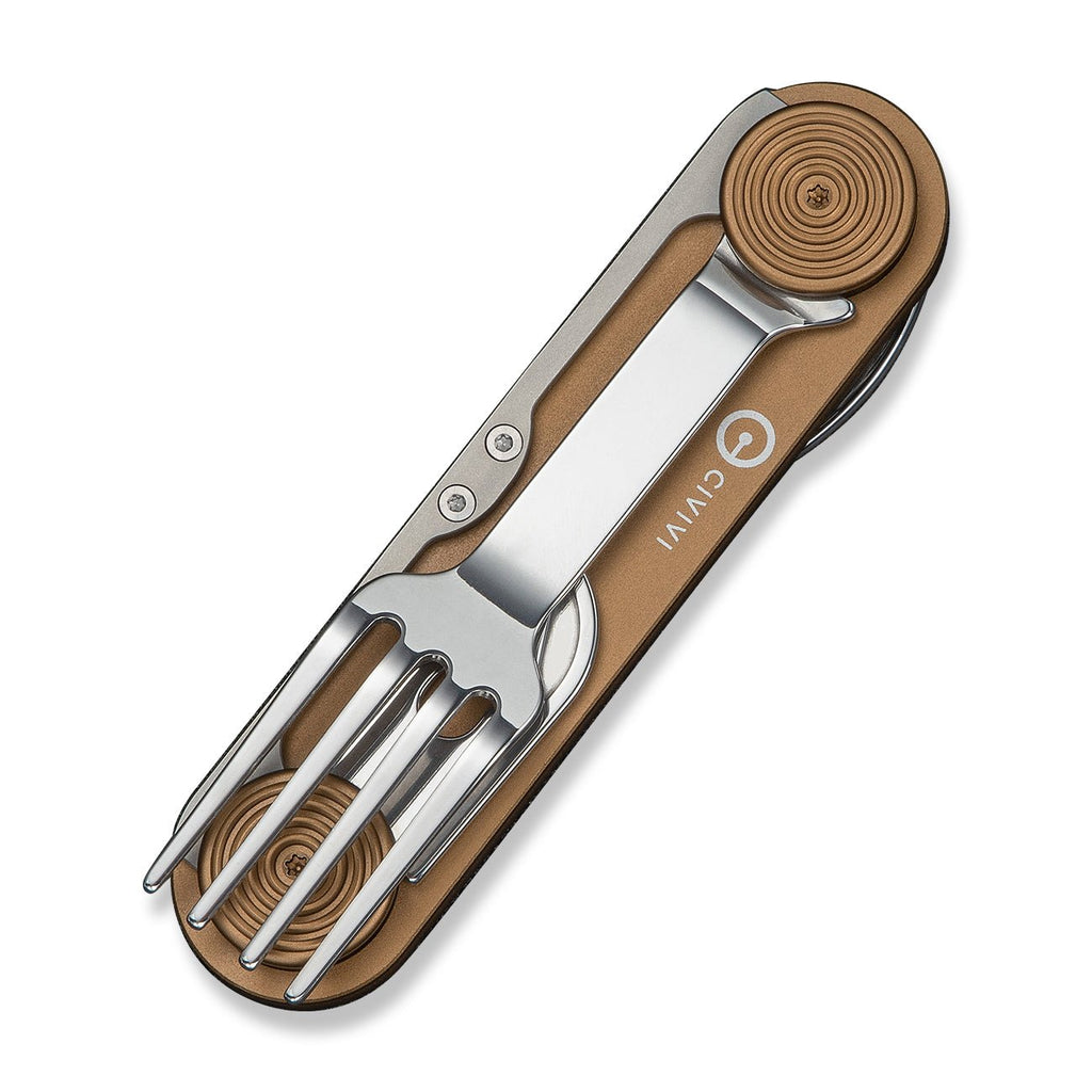 CIVIVI Partake 4-In-1 Multi-Tool Coyote Brown Aluminum Handle Stainless Steel Knife, Fork, Spoon & Can Opener C24032C-2, With A Waxed Canvas Pouch