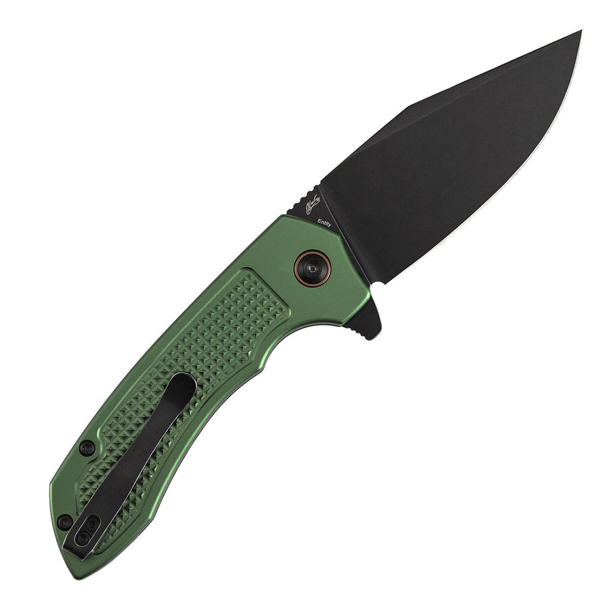 TENABLE KNIVES Entity Button Lock Folding Knife - 3.52'' Blackwash 14C28N Blade | Dark Green Aluminum Handle| Nalu Knives - B1036F2