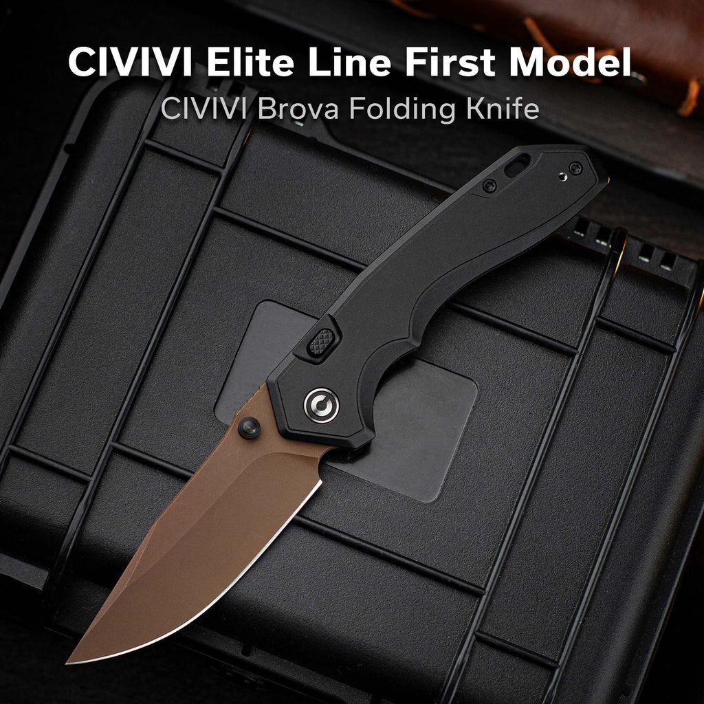 CIVIVI ELITE Brova Thumb Stud & Top Liner Lock Knife Black Aluminum Handle (3.41" Dark Brown Stonewashed CPM S35VN Blade) CE25093-2