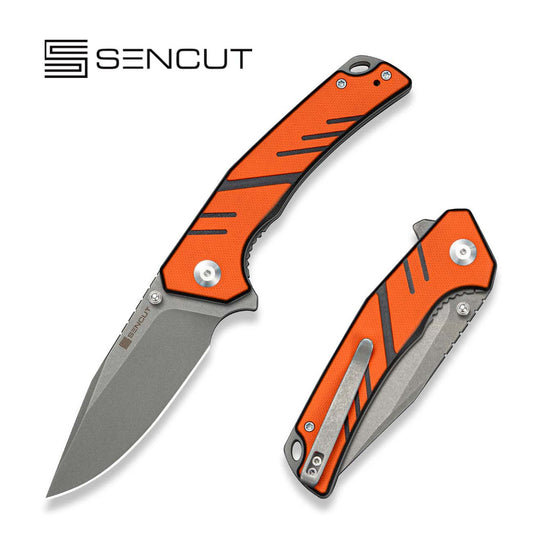 SENCUT Quirk Flipper & Thumb Stud Knife Orange & Black G10 Handle (3.41" Gray Stonewashed D2 Blade) S25099-1