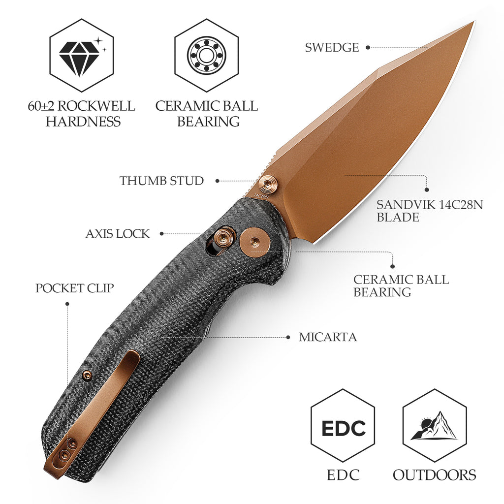 TRIVISA Hornet-BM Crossbar Lock EDC Folding Pocket Knife,3.34" 14C28N Steel Blade,Micarta Handle