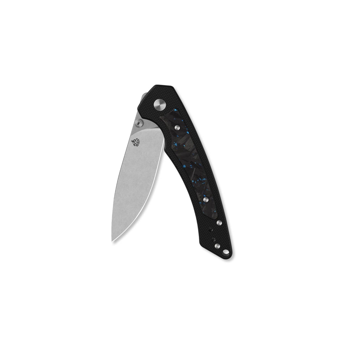 QSP Peregrine Liner Lock Pocket Knife 10Cr15MoV Blade Black G10 with Blue Shredded CF inlay handle