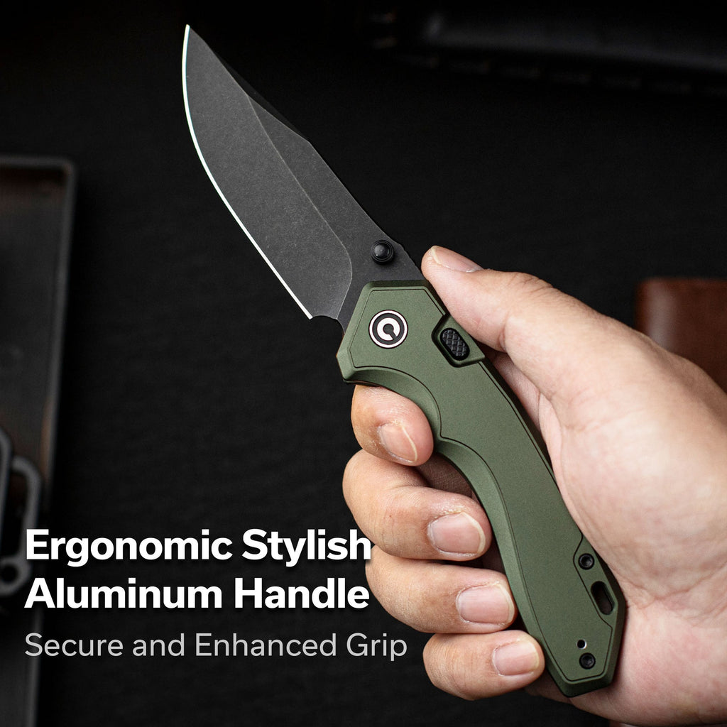 CIVIVI ELITE Brova Thumb Stud & Top Liner Lock Knife Forest Green Aluminum Handle (3.41" Black Stonewashed CPM S35VN Blade) CE25093-3