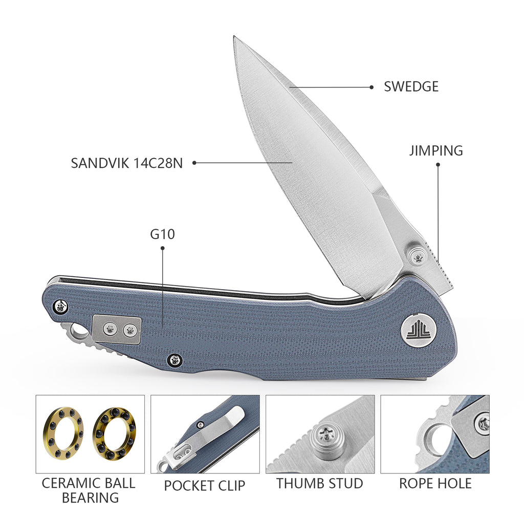 TRIVISA Arae-03G Back Lock EDC Folding Knfe,3.3" 14C28N Steel blade,G10 Handle