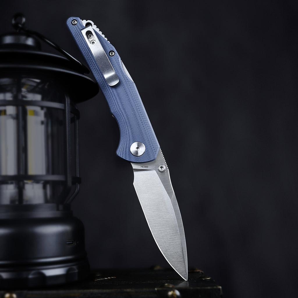 TRIVISA Arae-03G Back Lock EDC Folding Knfe,3.3" 14C28N Steel blade,G10 Handle