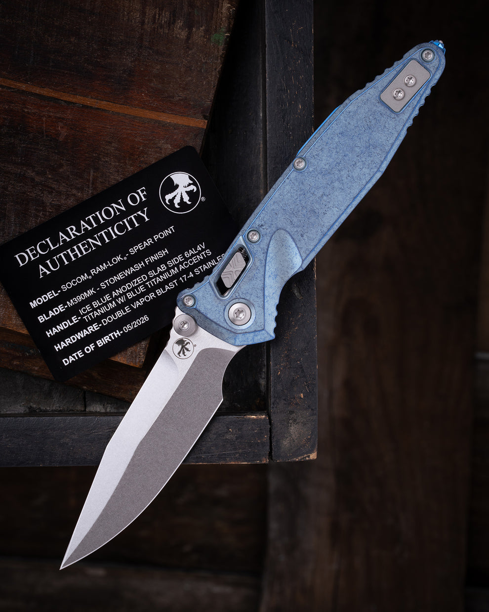 Microtech Gear SOCOM® RAM-LOK® SPEAR POINT MARFIONE SELECT STONEWASH FINISH ICE BLUE ANODIZED SLAB SIDE TITANIUM W/ BLUE TITANIUM ACCENTS DOUBLE VAPOR BLAST STAINLESS (160RLS-10SMS7)
