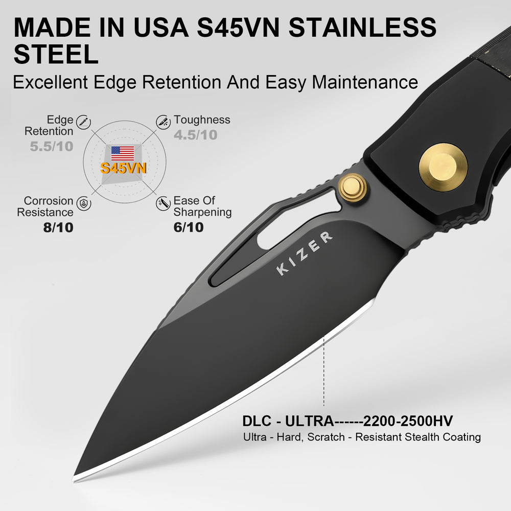 KIZER CUTLERY Shrike | S45VN | Titanium & Fat Carbon Camo Gold | Matte DLC Ultra | Front Flipper | Ki3746A2
