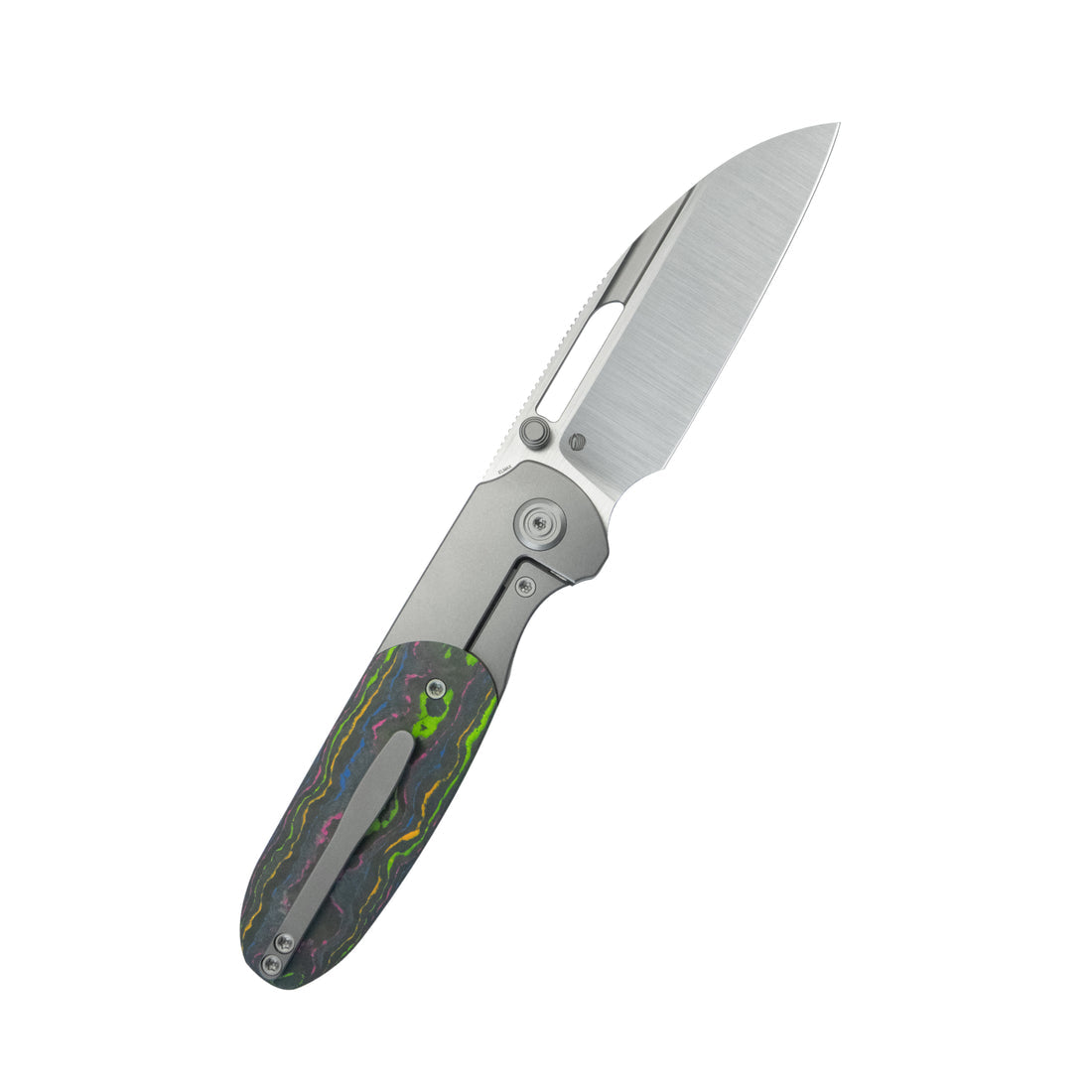 KB Icicle Pocket Folding Knife Frame Lock Sandblast Titanium with 80's Camo Carbon Inlays 3.50" Belt Satin Elmax Blade KB432A