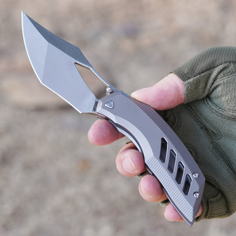 ArtisanCutlery Dark Wing Thumb Hole & Front Flipper Frame Lock EDC Knife Titanium Handle(3.63'' S35VN Stone Wash Blade ) 1887G-GY