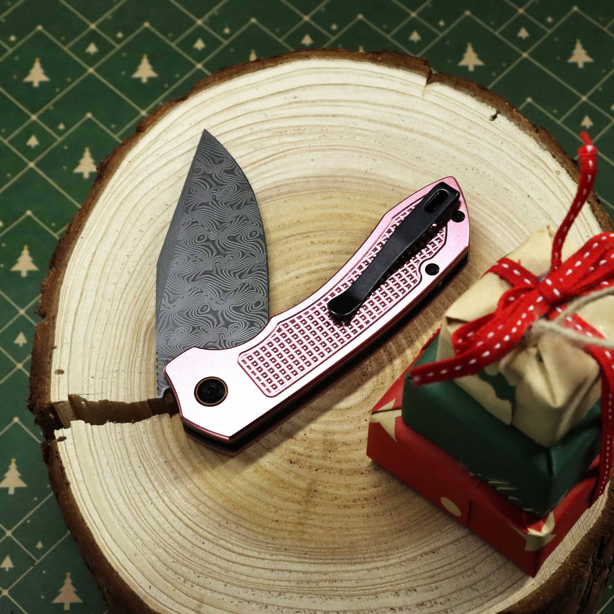TENABLE KNIVES Entity Button Lock Flipper Knife - 3.52'' Water Ripple Damascus Blade| Rose Gold Aluminum Handle| Nalu Knives - B1036F4