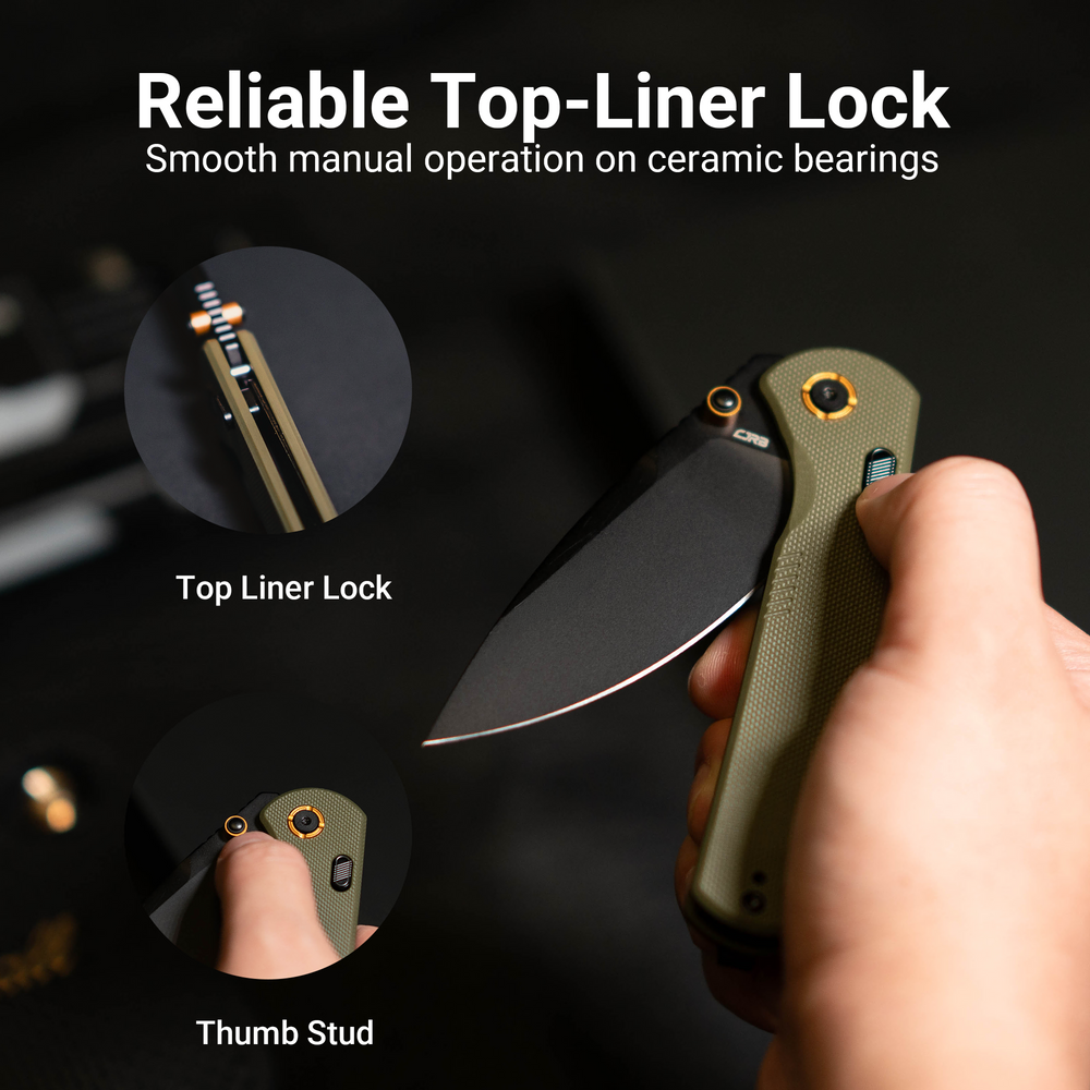 CJRB Latitude Thumb Stud & Top Liner Lock EDC Knife Green G10 Handle(3.47'' AR-RPM9 Steel Black PVD Coating Blade) J1975-BGN