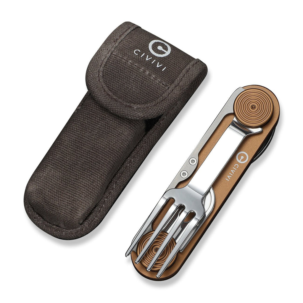 CIVIVI Partake 4-In-1 Multi-Tool Coyote Brown Aluminum Handle Stainless Steel Knife, Fork, Spoon & Can Opener C24032C-2, With A Waxed Canvas Pouch
