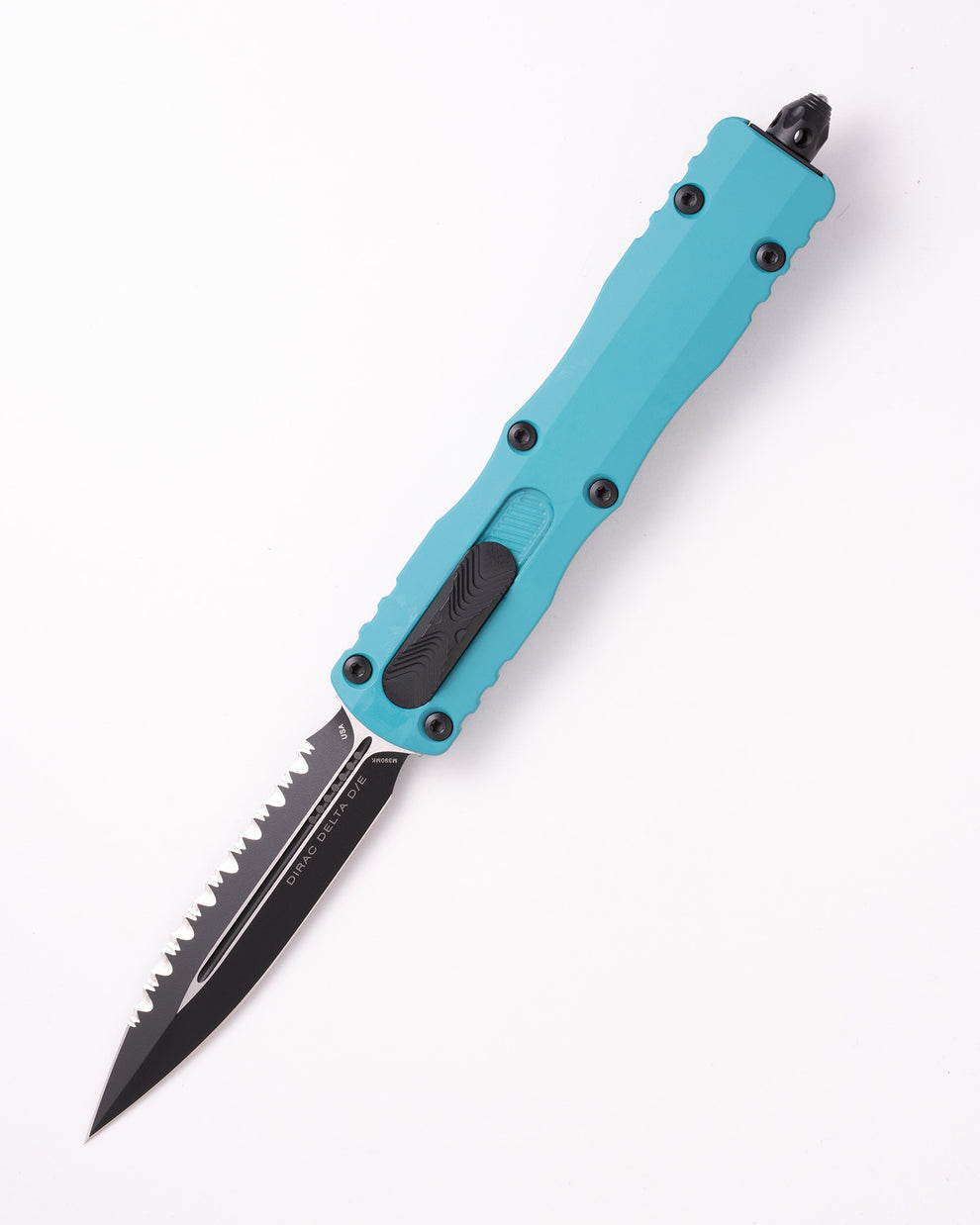 Microtech Gear Dirac Delta D/E Black Full Serrated Cyan (227-3CN)