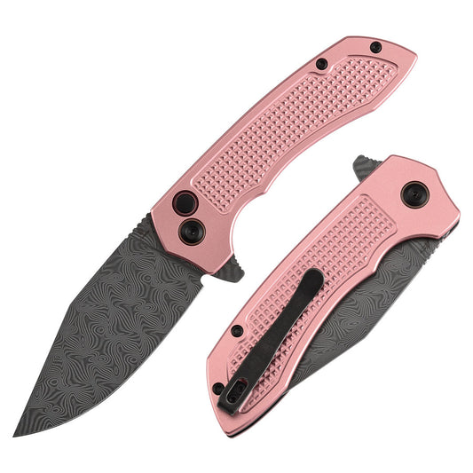 TENABLE KNIVES Entity Button Lock Flipper Knife - 3.52'' Water Ripple Damascus Blade| Rose Gold Aluminum Handle| Nalu Knives - B1036F4