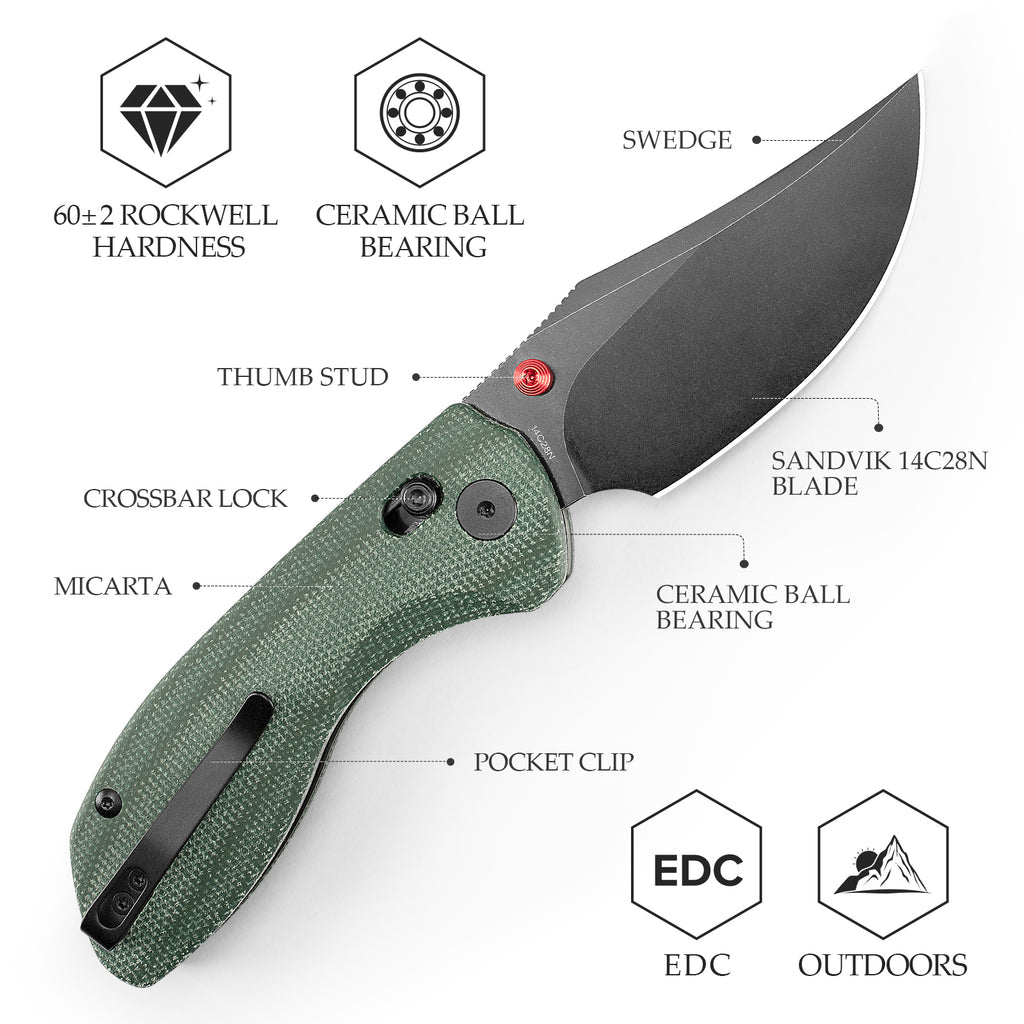TRIVISA Hippo-GM Crossbar Lock EDC Folding Pocket Knife,3.4" 14C28N Steel Blade,Micarta Handle