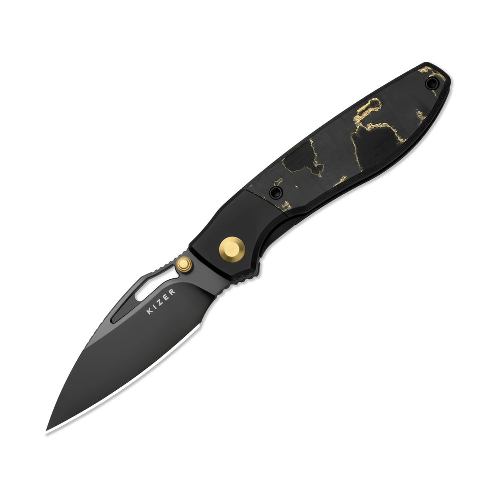 KIZER CUTLERY Shrike | S45VN | Titanium & Fat Carbon Camo Gold | Matte DLC Ultra | Front Flipper | Ki3746A2