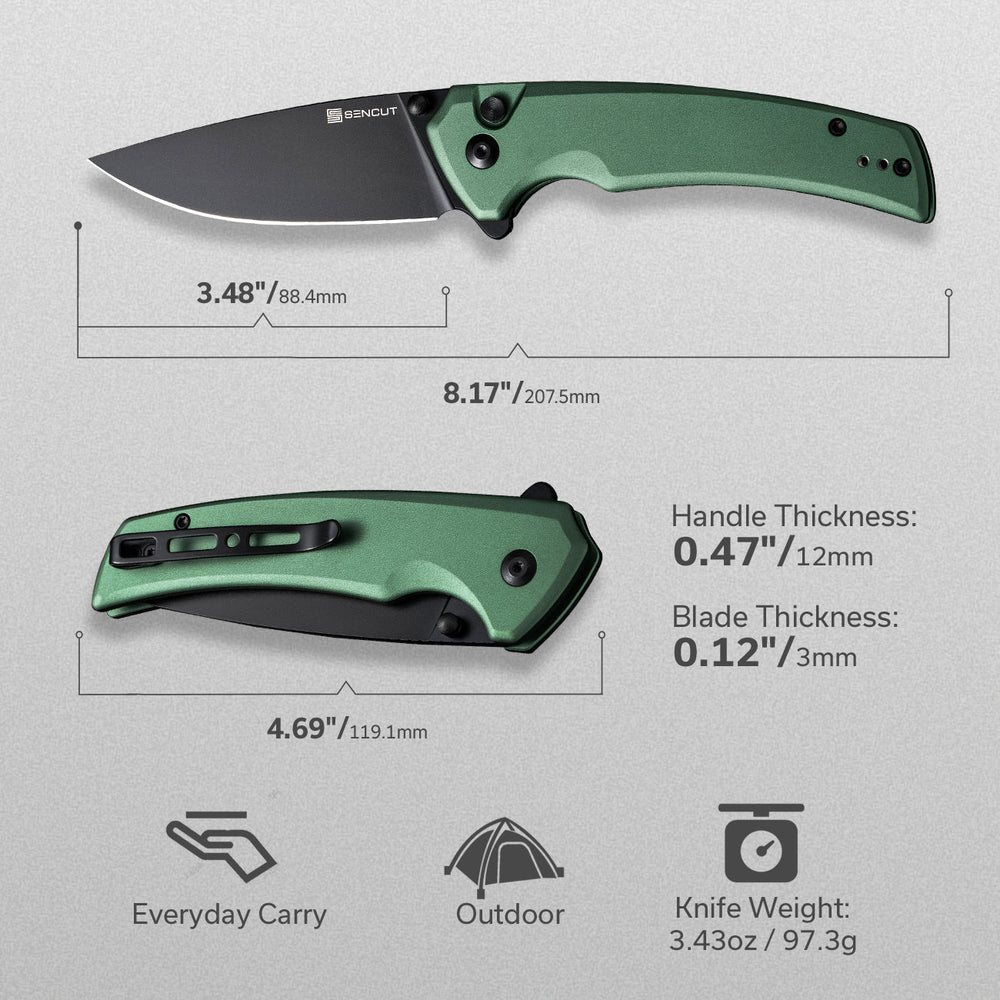 SENCUT Serene Flipper & Button Lock & Thumb Stud Knife Aluminum Handle (3.48" D2 Blade) S21022B-5
