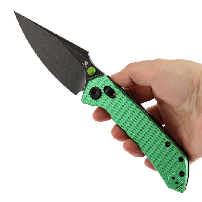 TENABLE KNIVES Fenrir Cross Bar Lock Folding Knife| 3.48'' Blackwash Nitro-V Blade | Green Anodized Aluminum with Diamond Patter Handle | Sparrow Knife Design| T1034V16