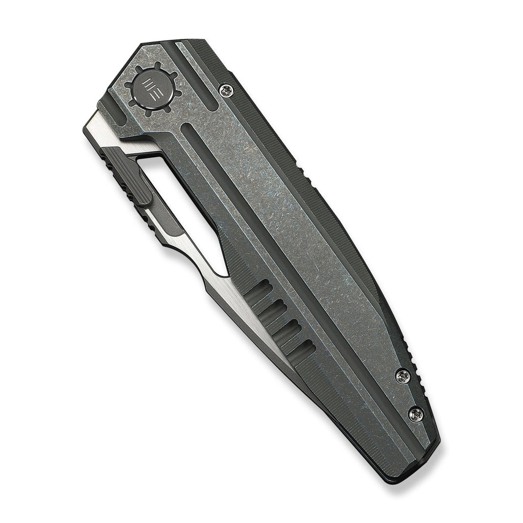 WEKNIFE Reveille Thumb Hole & Thumb Stud Knife Olive Gray Titanium Handle (3.83" Gray Stonewashed Bohler M390 Blade, Satin Flat) WE23057-2