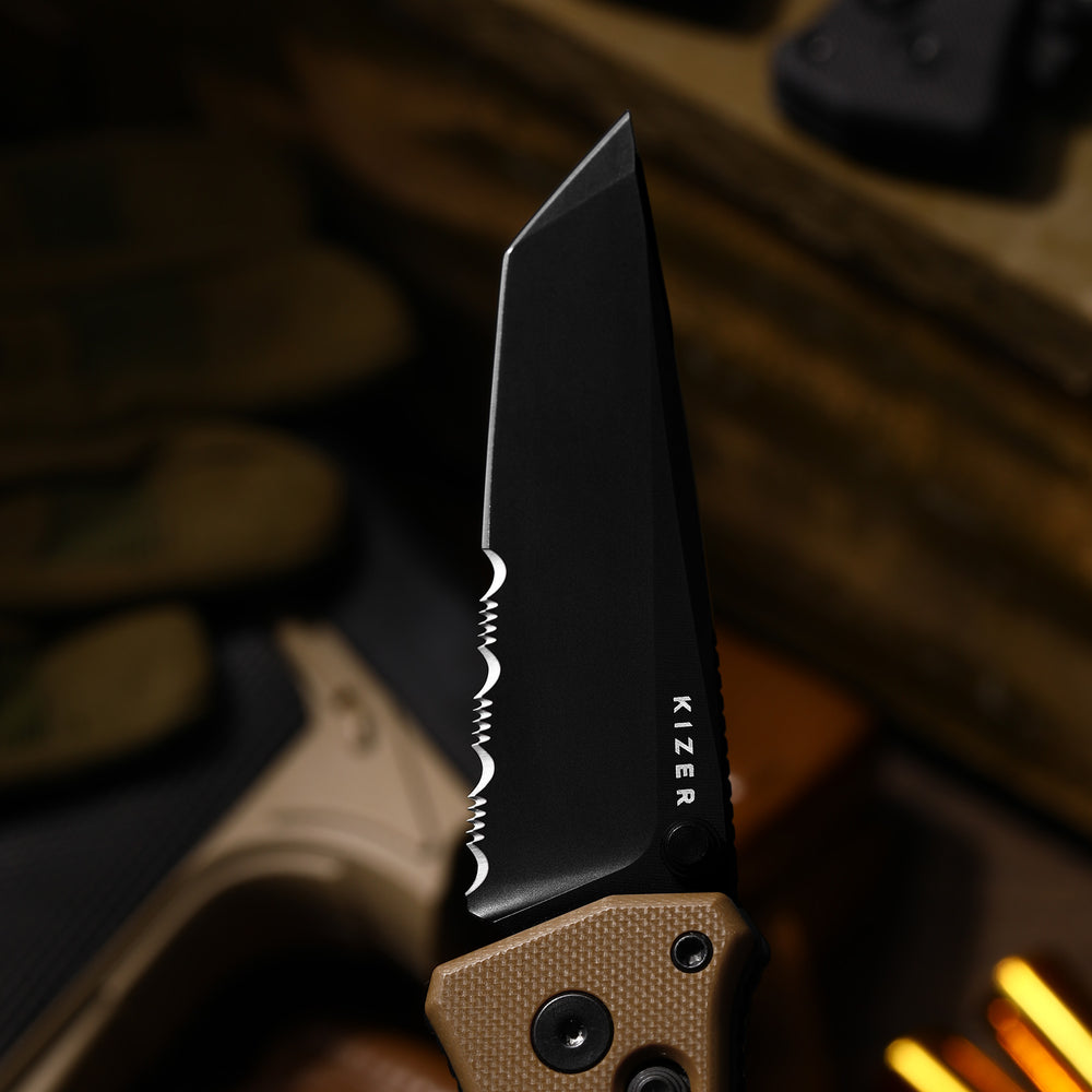 KIZER CUTLERY Aegis T | Serrated AEB-L Blade | G10 | Rescue Hook & Glass Breaker
