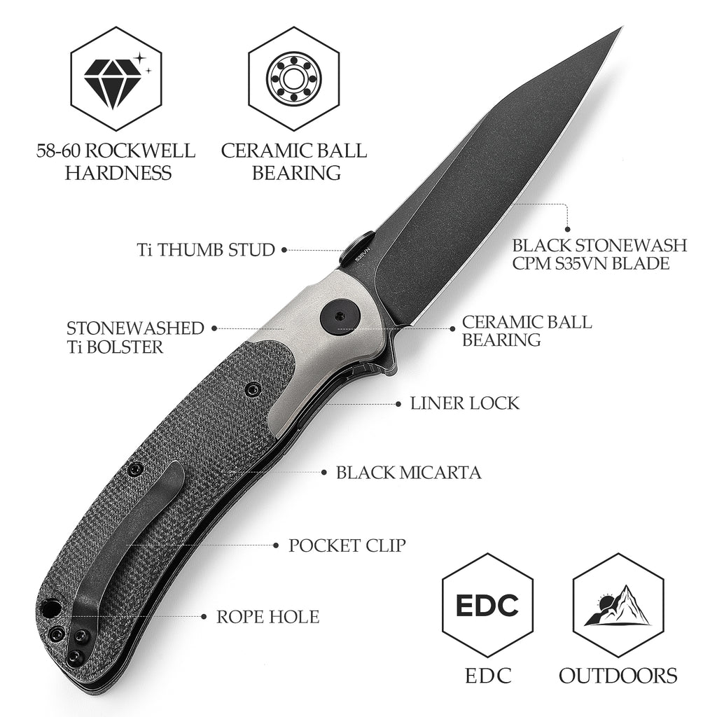 TRIVISA UMa-04 Ti Bolster and Thumb Stud,3.66" S35VN Steel,,Micarta Scales