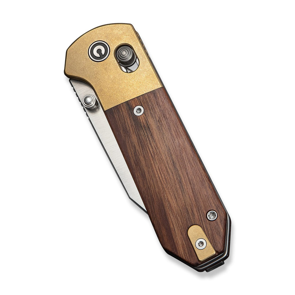 CIVIVI Yonder Clip Point Thumb Stud & Crossbar Lock Knife Guibourtia Wood Handle And Stonewashed Brass Bolsters (2.88" Satin Finished 14C28N Blade) C25026-1