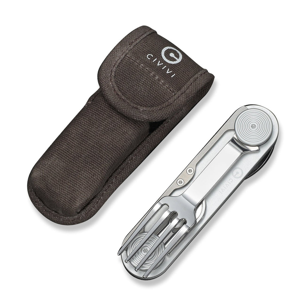 CIVIVI Partake 4-In-1 Multi-Tool Silver Aluminum Handle Stainless Steel Knife, Fork, Spoon & Can Opener C24032C-3, With A Waxed Canvas Pouch