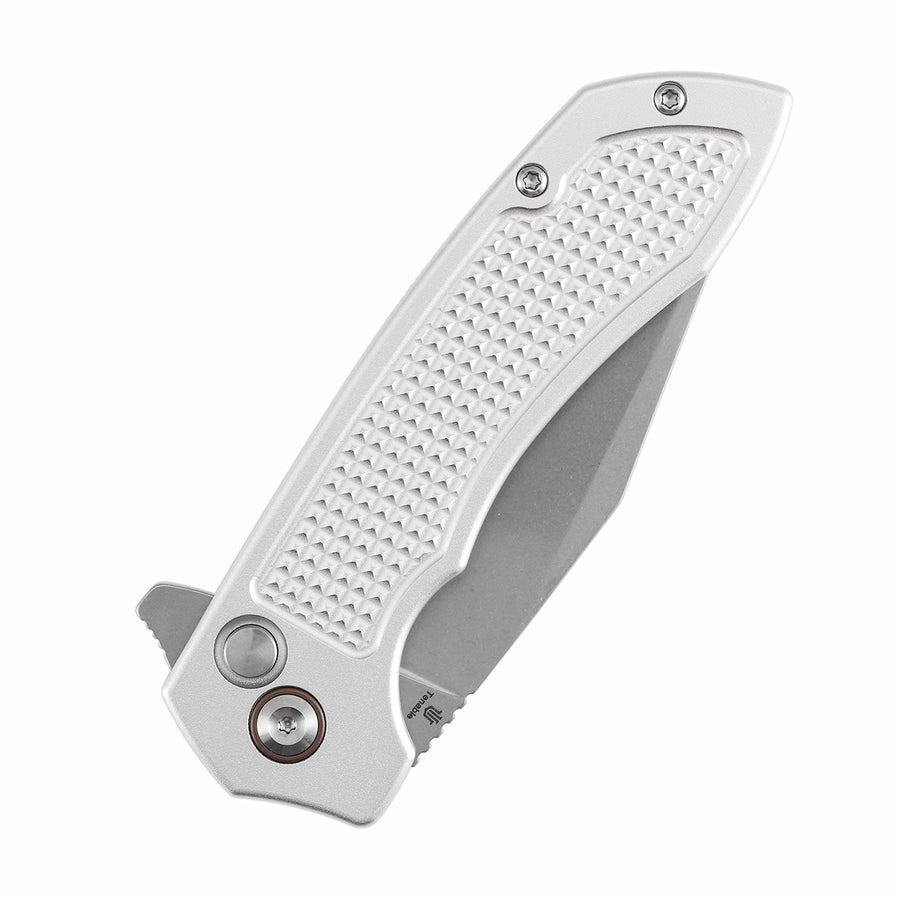 TENABLE KNIVES Entity Button Lock Folding Knife - 3.52'' Stonewashed 14C28N Blade| Silver Aluminum Handle| Nalu Knives - B1036F3