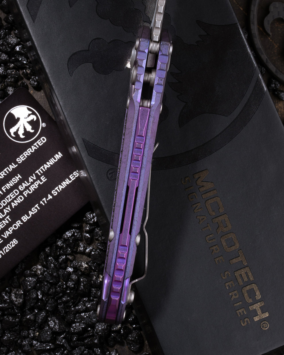 MICROTECH L.U.D.T – CLIP POINT PARTIAL SERRATED MARFIONE SELECT STONEWASH FINISH PURPLE HAZE ANODIZED TITANIUM W/TEXTURED INLAY AND PURPLE TITANIUM ACCENT DOUBLE VAPOR BLAST STAINLESS