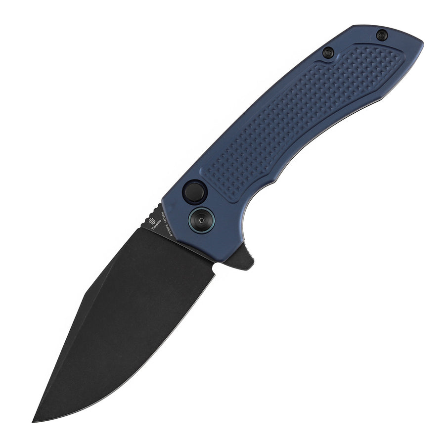 TENABLE KNIVES Entity Button Lock Folding Knife - 3.52'' Blackwash 14C28N Blade| Blue Aluminum Handle| Nalu Knives - B1036F5