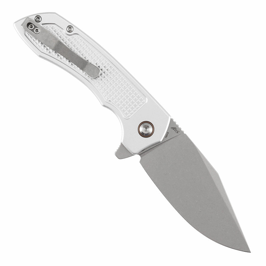 TENABLE KNIVES Entity Button Lock Folding Knife - 3.52'' Stonewashed 14C28N Blade| Silver Aluminum Handle| Nalu Knives - B1036F3
