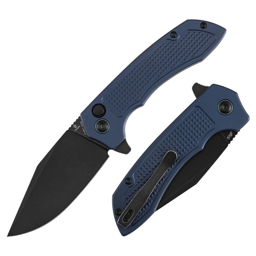 TENABLE KNIVES Entity Button Lock Folding Knife - 3.52'' Blackwash 14C28N Blade| Blue Aluminum Handle| Nalu Knives - B1036F5