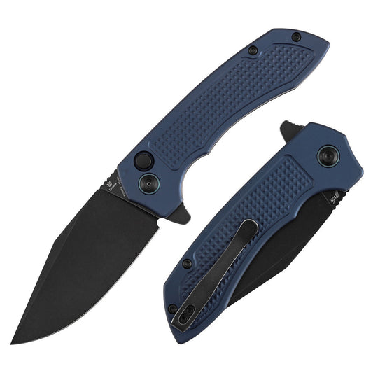 TENABLE KNIVES Entity Button Lock Folding Knife - 3.52'' Blackwash 14C28N Blade| Blue Aluminum Handle| Nalu Knives - B1036F5