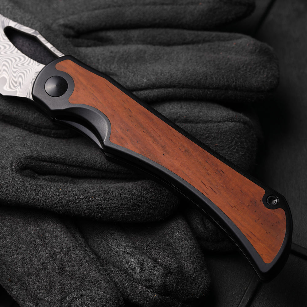 KIZER CUTLERY Allure | Acid Washed Damascus | Titanium & Panama Rosewood