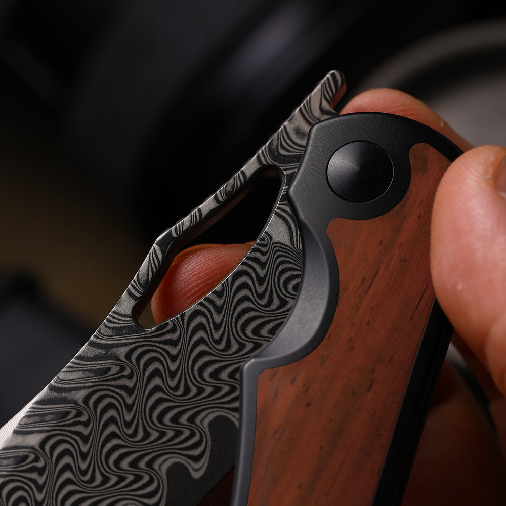KIZER CUTLERY Allure | Acid Washed Damascus | Titanium & Panama Rosewood