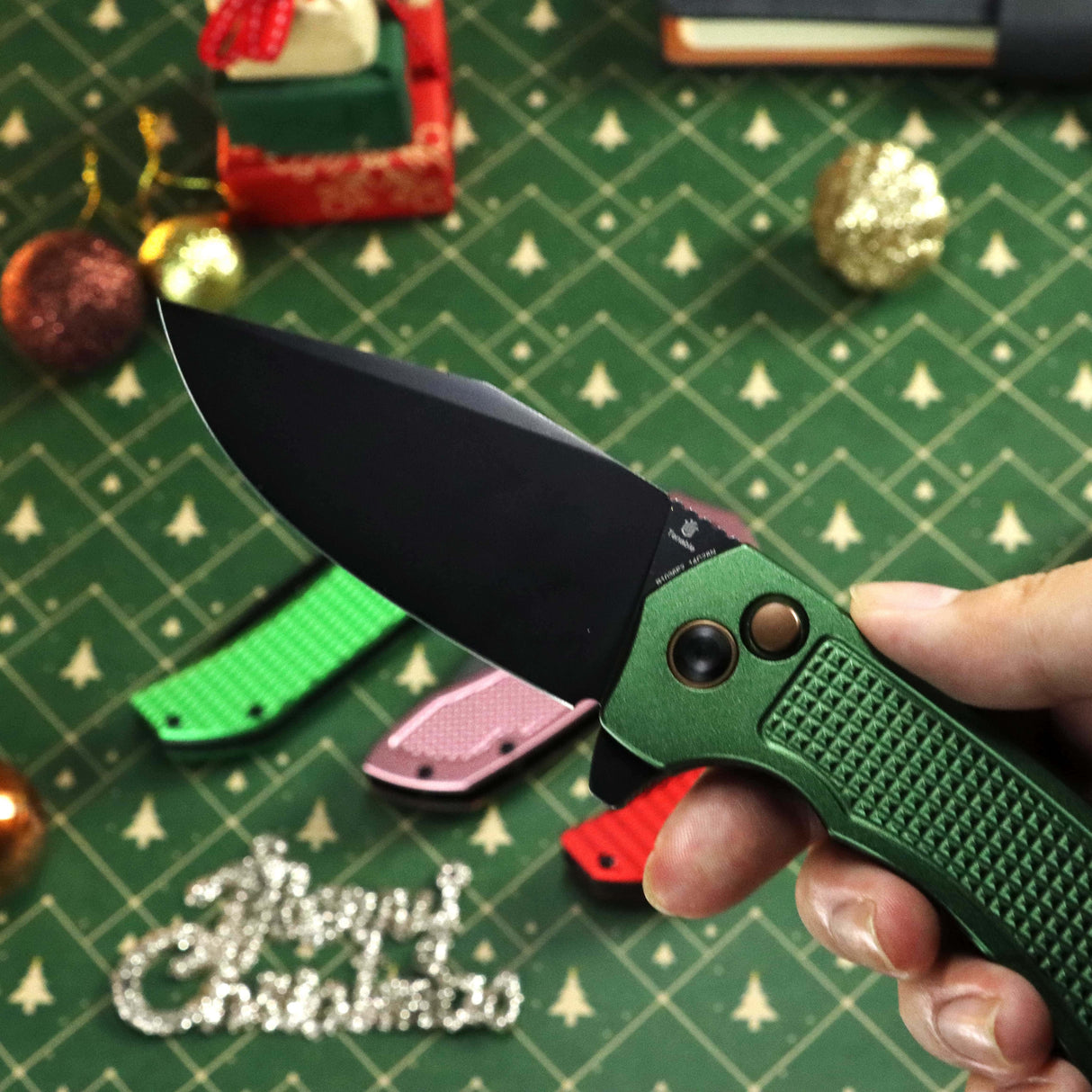 TENABLE KNIVES Entity Button Lock Folding Knife - 3.52'' Blackwash 14C28N Blade | Dark Green Aluminum Handle| Nalu Knives - B1036F2