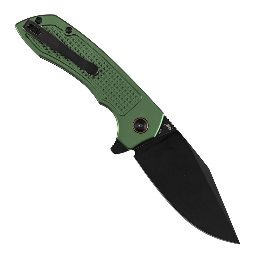 TENABLE KNIVES Entity Button Lock Folding Knife - 3.52'' Blackwash 14C28N Blade | Dark Green Aluminum Handle| Nalu Knives - B1036F2