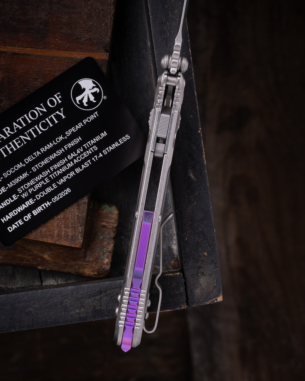 Microtech Gear SOCOM® DELTA RAM-LOK® SPEAR POINT MARFIONE SELECT STONEWASH FINISH STONEWASH FINISH TITANIUM W/ PURPLE TITANIUM ACCENTS DOUBLE VAPOR BLAST STAINLESS (159RL-10SMS4)