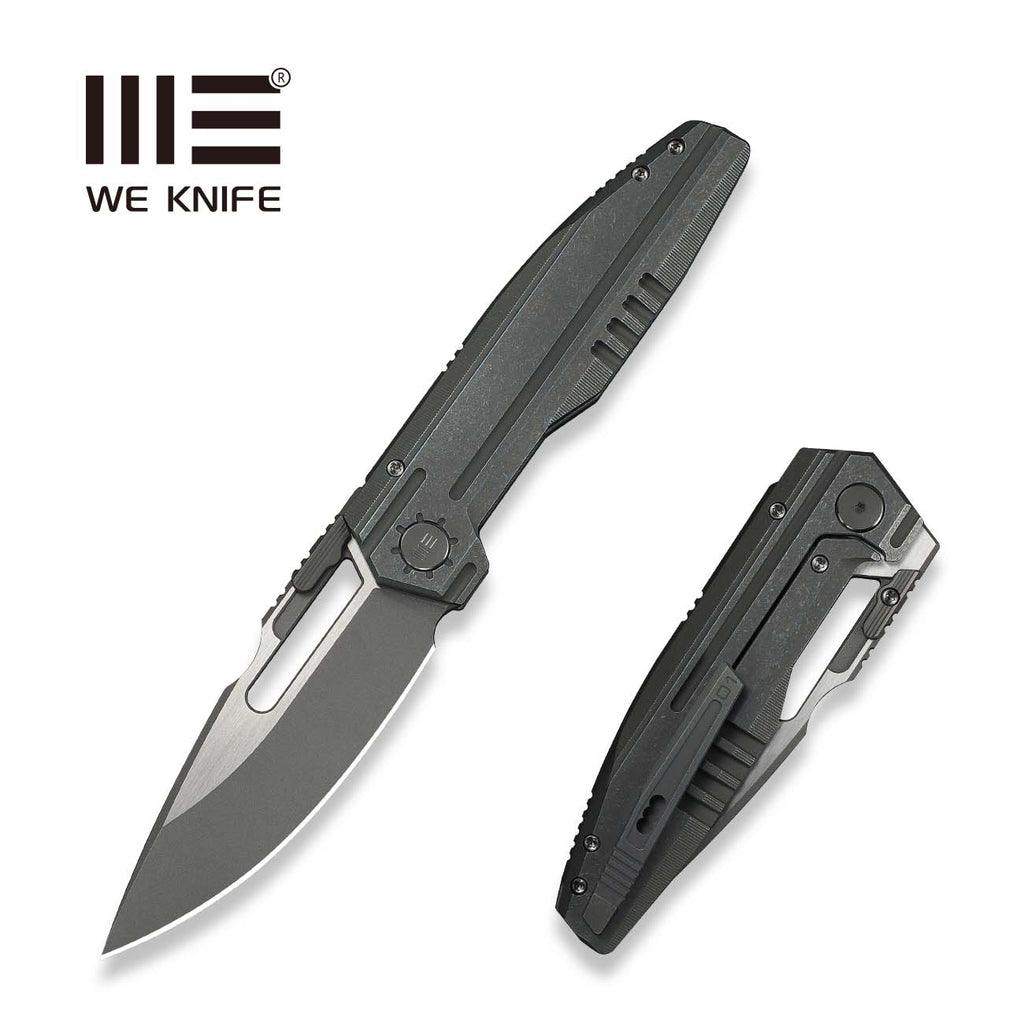 WEKNIFE Reveille Thumb Hole & Thumb Stud Knife Olive Gray Titanium Handle (3.83" Gray Stonewashed Bohler M390 Blade, Satin Flat) WE23057-2