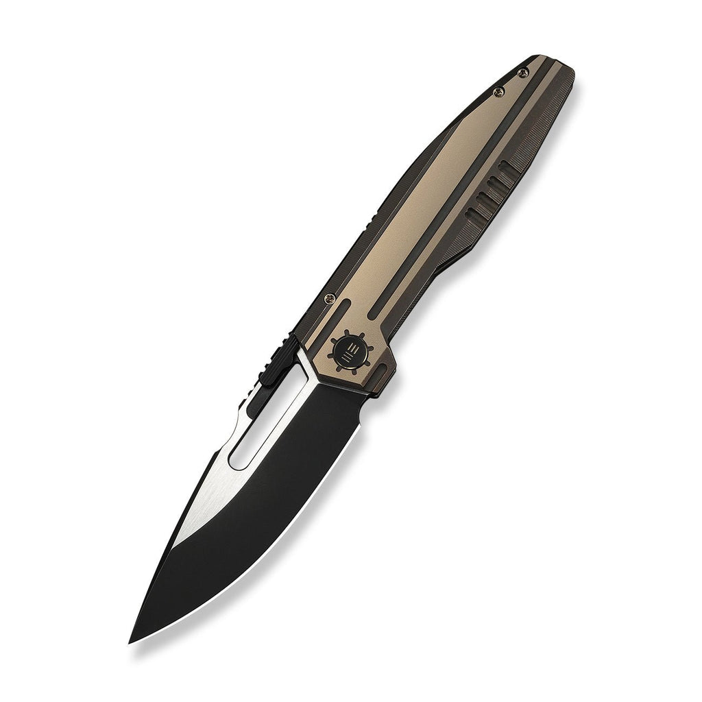 WEKNIFE Reveille Thumb Hole & Thumb Stud Knife Bronze Titanium Handle (3.83" Black Stonewashed Bohler M390 Blade, Satin Flat) WE23057-1