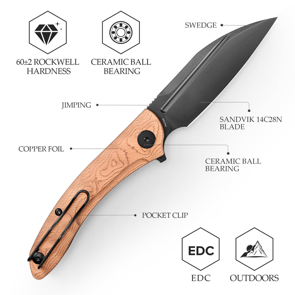 TRIVISA Cuckoo-CU Liner Lock EDC Folding Pocket Knife 3.37'' 14C28N Steel Blade,Copper Foil Handle