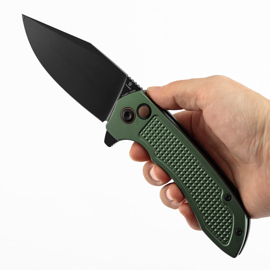 TENABLE KNIVES Entity Button Lock Folding Knife - 3.52'' Blackwash 14C28N Blade | Dark Green Aluminum Handle| Nalu Knives - B1036F2