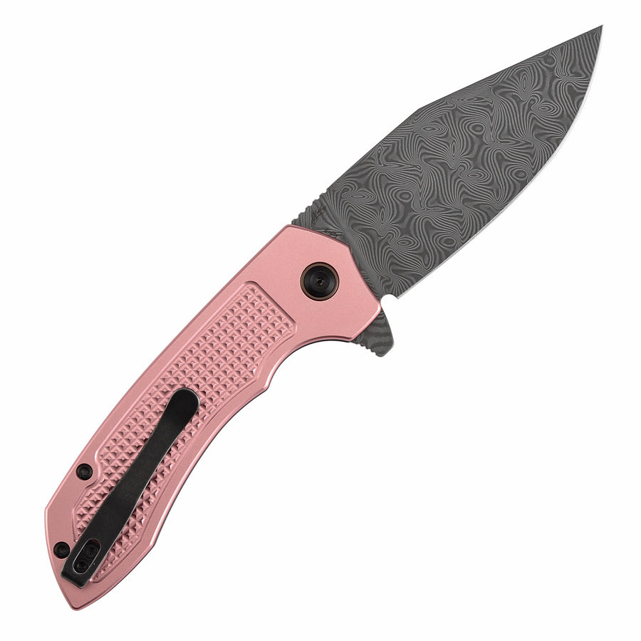 TENABLE KNIVES Entity Button Lock Flipper Knife - 3.52'' Water Ripple Damascus Blade| Rose Gold Aluminum Handle| Nalu Knives - B1036F4