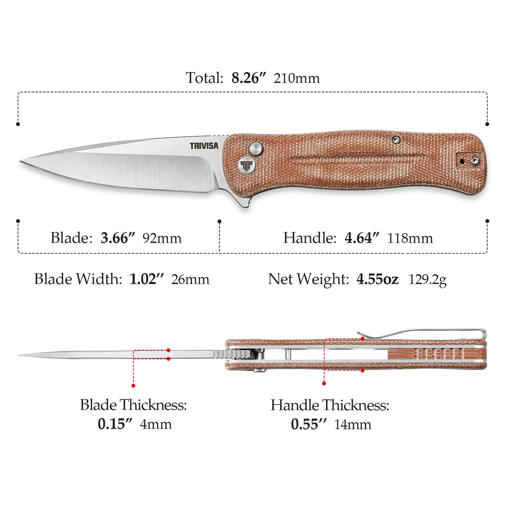 TRIVISA Dor-04Br Button Lock,3.66" 14C28N Steel,Micarta Handle
