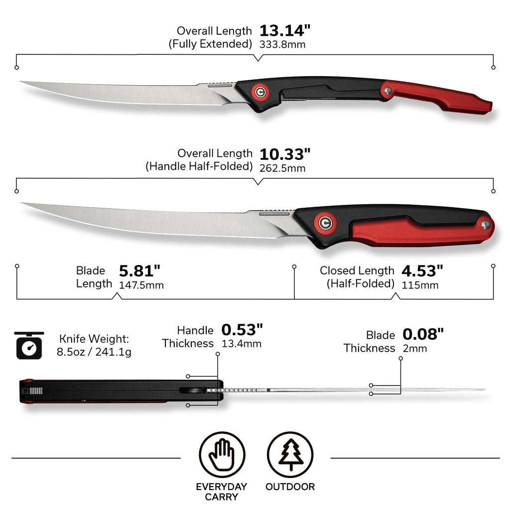 CIVIVI Shawka Folding Fillet Knife Aluminum Handle (5.81" 14C28N Blade) C22029B-1, With 1PC Black Nylon Sheath