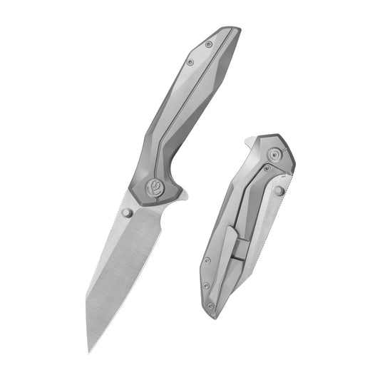 KB Nova Reverse Tanto Frame Locking Folding Knife Sandblast Titanium Handle 3.66" Belt Satin M390 Blade KB495A