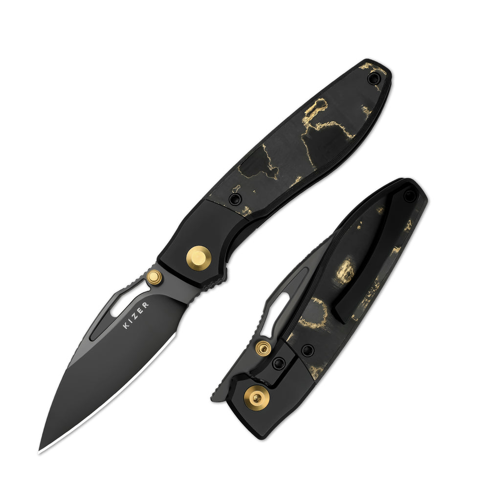 KIZER CUTLERY Shrike | S45VN | Titanium & Fat Carbon Camo Gold | Matte DLC Ultra | Front Flipper | Ki3746A2