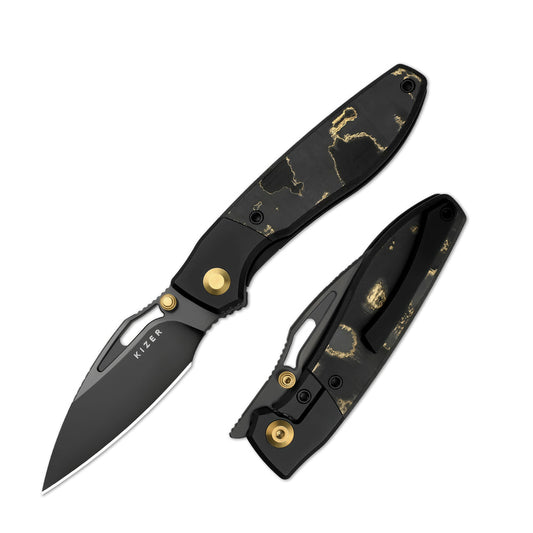 KIZER CUTLERY Shrike | S45VN | Titanium & Fat Carbon Camo Gold | Matte DLC Ultra | Front Flipper | Ki3746A2